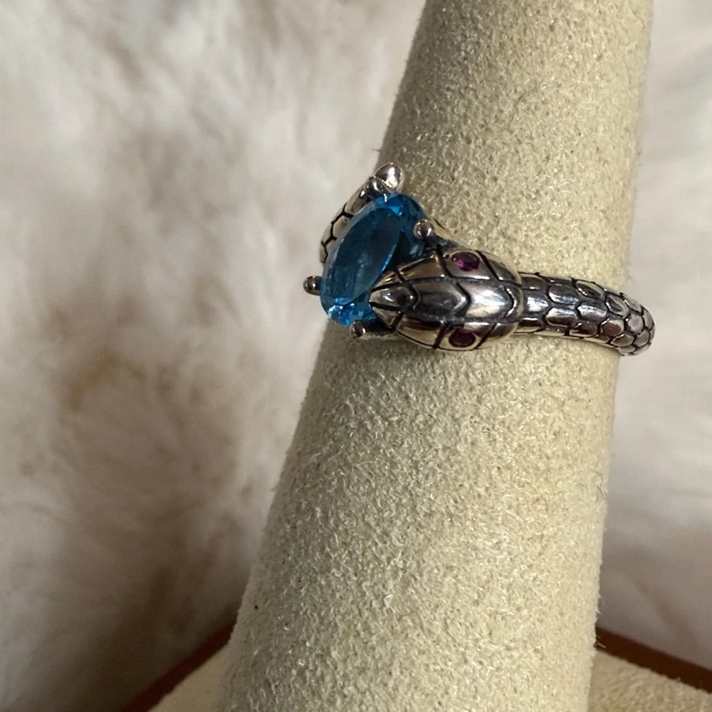 Sterling Silver Blue Topaz Snake Ring, Adjustable - Picture 5 of 9
